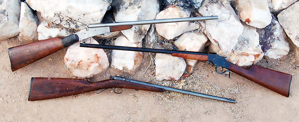 The 1900-period 22 LR chambered rifles are (top to bottom), Remington No. 6, Stevens Favorite and Winchester Model 02A.